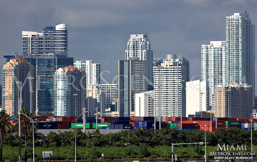 Downtown Miami with cargo containers